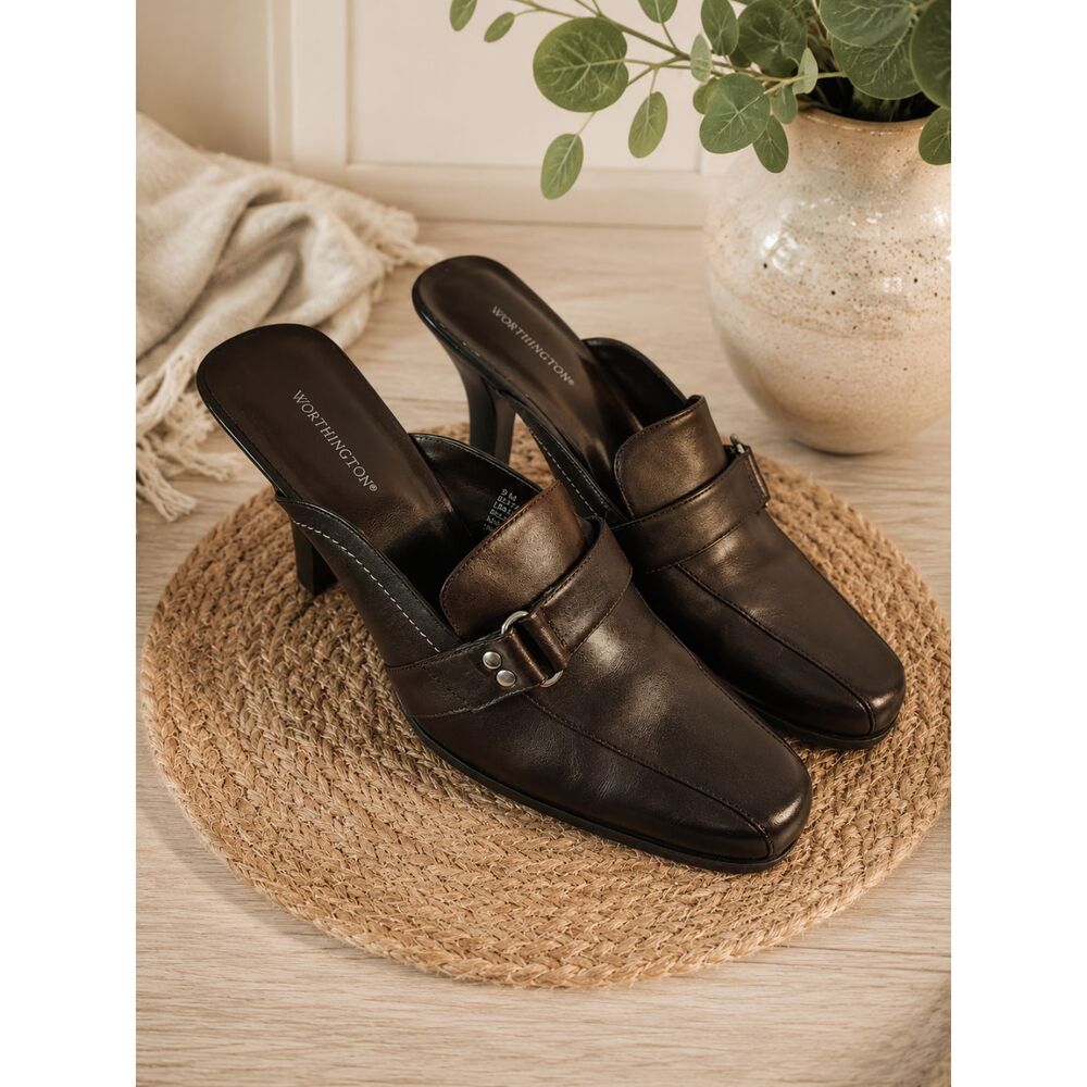 WORTHINGTON Y2K Brown Leather Slip On Mules 9 Women's Heels Shoes Dressy Casual